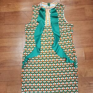 Sleeveless Geometric Mini Dress with Teal Ruffle Trim